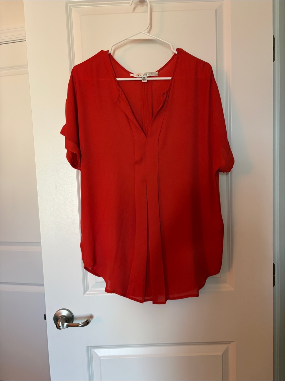 Max Studio Orange Short-Sleeve Pleated V-Neck Blouse